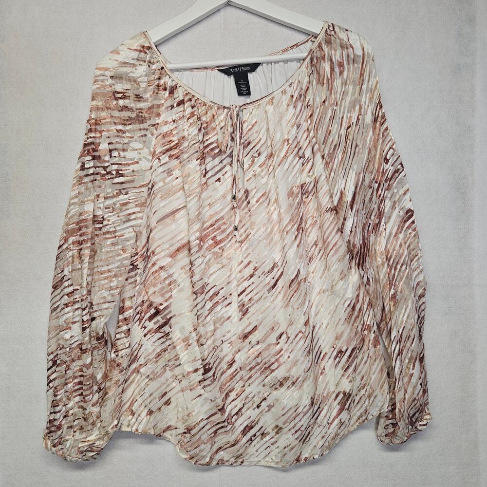 White House Black Market Silk Blend Blouse 8 Ivory Rust Sheer Sleeve Lined